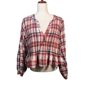 Pilcro Plaid Blouse Womens‎ XL Red Pintuck Peplum Boho Cottagecore Anthropologie